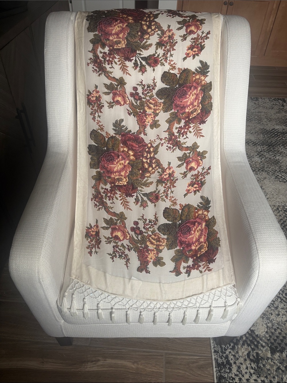 Floral Embroidered Cream Shawl Scarf with Burgundy and Olive Accents